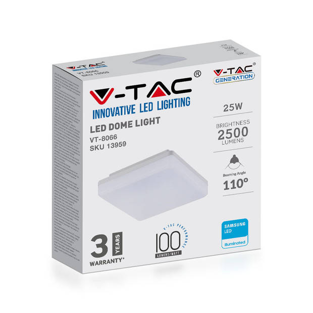 V-TAC VT-8066SQ LED plafonnière - Samsung - IP44 - 300mm - Wit - 25W - 2500 Lumen - 3000K