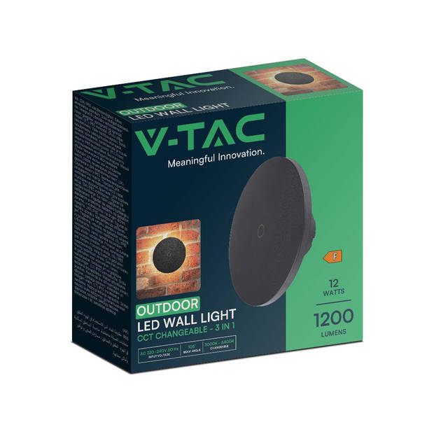 V-TAC VT-83012-B Ronde LED wandlamp - CCT - Veranderbaar - IP65 - Zwart - 12W - 1200 Lumen - 3IN1