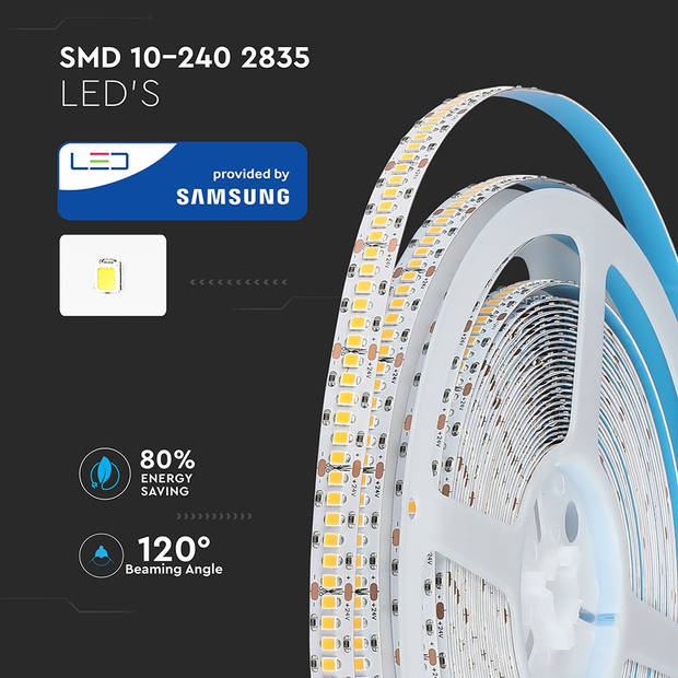 V-TAC VT-10-240-N LED Stripverlichting - Samsung - 2835 - 240 - 24V - IP20 - 6400K - 10m Rol