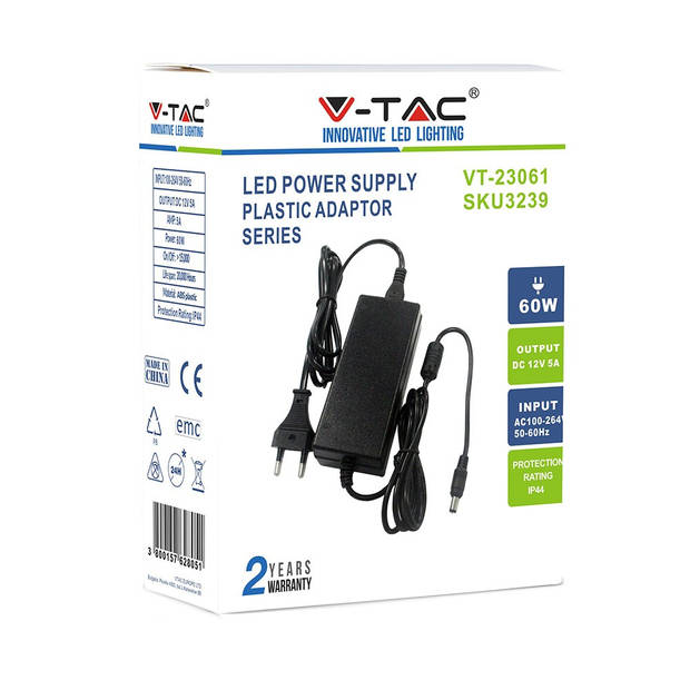 V-TAC VT-23061 Zwarte LED Stripverlichting - Kunststof - Voeding - 60W - IP44