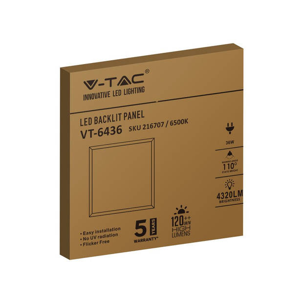 V-TAC VT-6436-N LED Panelen met hoog Lumen - 60x60 - IP20 - 36W - 4320 Lumen - 4000K - 5 Jaar 8 stuks/verpakking