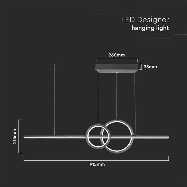 V-TAC VT-7767 Designer Hangende Plafondlamp - Zwart - IP20 - 15W - 1500 Lumen - 4000K