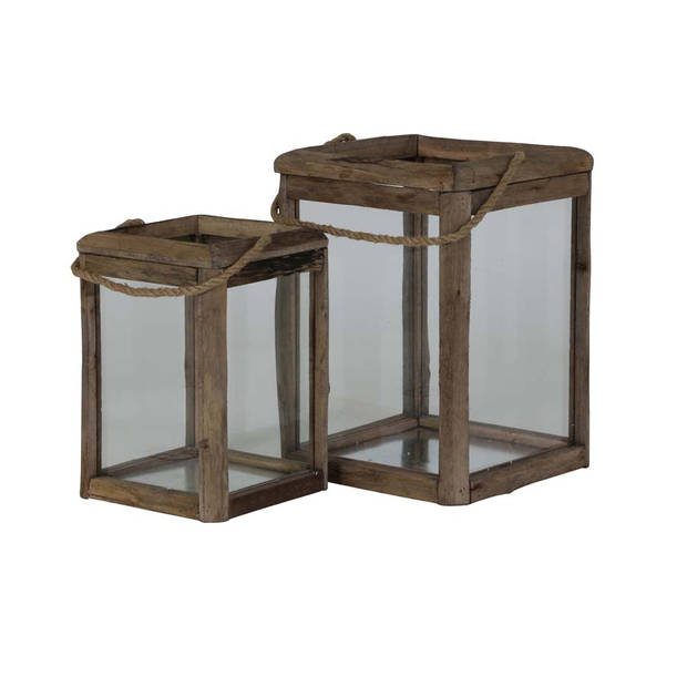 Light&living Lantaarn S/2 27x27x39+36x36x49 cm HILO hout+glas