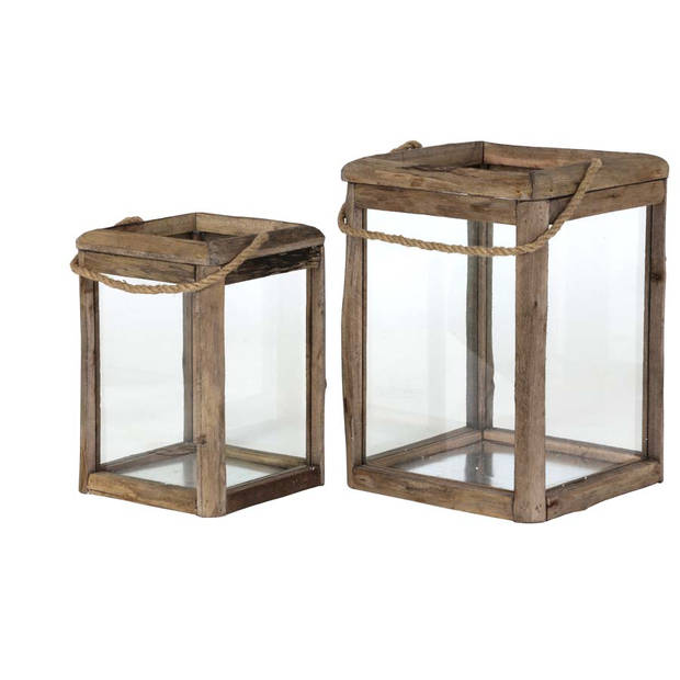 Light&living Lantaarn S/2 27x27x39+36x36x49 cm HILO hout+glas