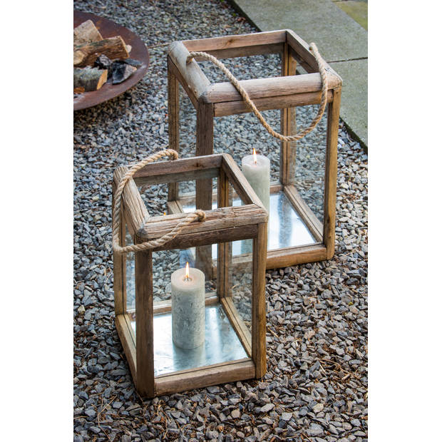 Light&living Lantaarn S/2 27x27x39+36x36x49 cm HILO hout+glas