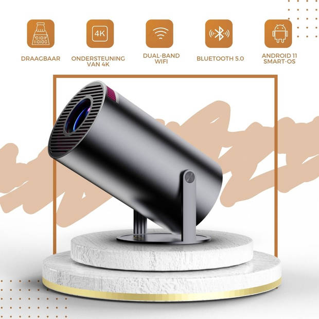 Homezie Beamer Nieuw design Donkergrijs WiFi, HDMI, Bluetooth 4K support Android 11 Projector