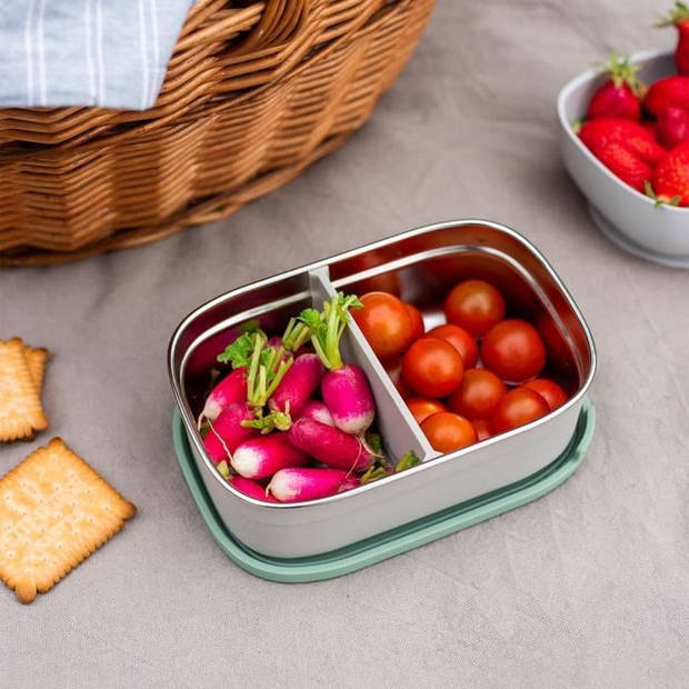 Beaba, roestvrijstalen lunchbox voor kinderen, siliconen deksel en beschermhoes, fluweelgrijs en saliegroen