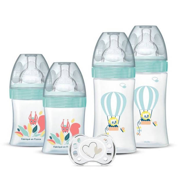 Dodie Set van 4 geboorteflesjes Anti-Colic Platte speen (2x150 ml en 2x270 ml), + een geboortefopspeen