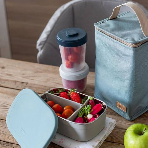 Beaba, roestvrijstalen lunchbox voor kinderen, siliconen deksel en beschermhoes, fluweelgrijs en blauw