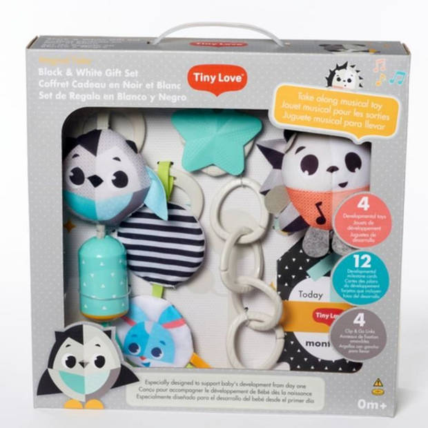 Tiny Love Gift Set: muzikaal speelgoed, verfrommelde mobiel, een bel, een ster, 4 clips en 12 stappenkaarten, zwart -wit