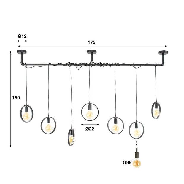 Giga Meubel - Hanglamp Zwart Metaal - 7-Lichts - 150x175x22cm