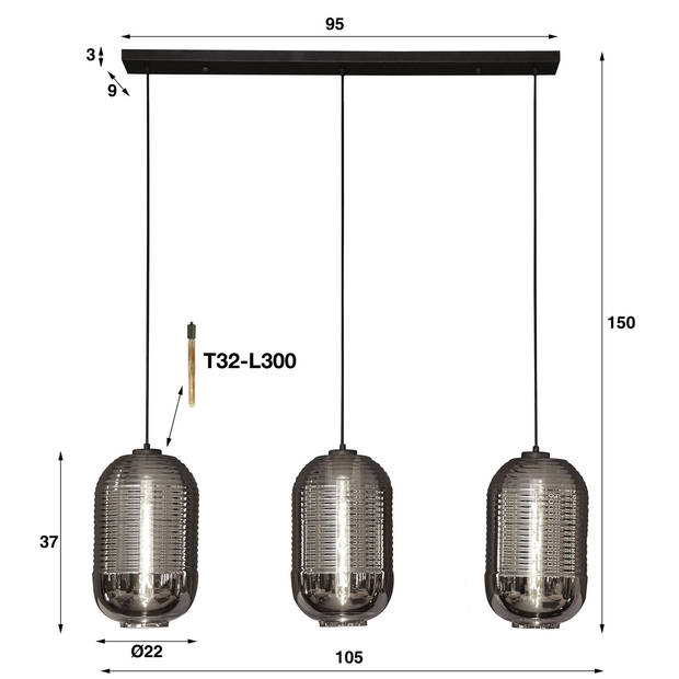 Giga Meubel - Hanglamp Chrome - 3-Lichts - 105x22x150cm