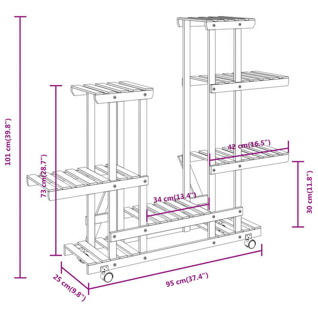 vidaXL Plantenstandaard met wielen 95x25x101 cm massief vurenhout