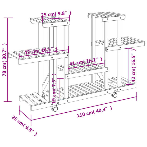 vidaXL Plantenstandaard met wielen 110x25x78 cm massief vurenhout