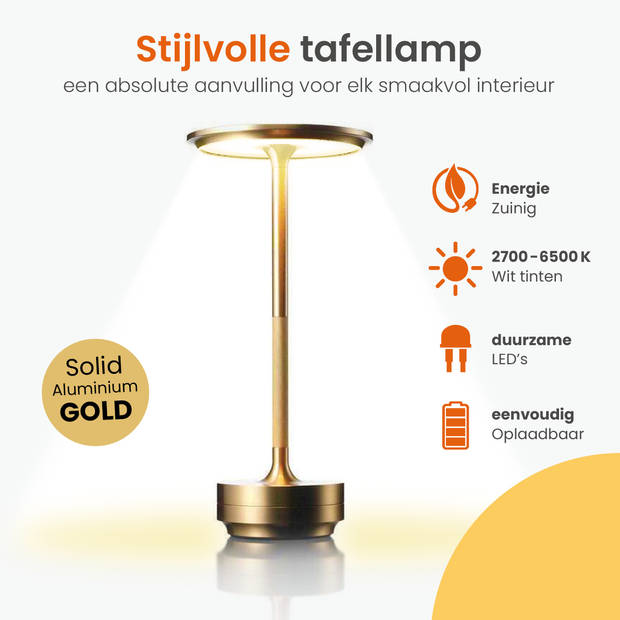 Goliving Tafellamp Op Accu - Oplaadbaar en Dimbaar - Spatwaterbestendig - Energiezuinig - Hoogte 27 cm - Goud