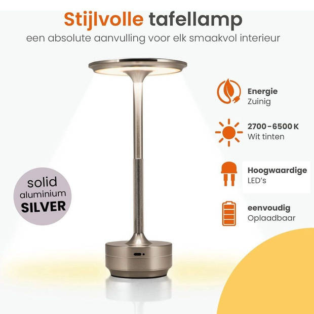 Goliving Tafellamp Op Accu - Oplaadbaar en Dimbaar - Spatwaterbestendig - Energiezuinig - Hoogte 27 cm - Zilver