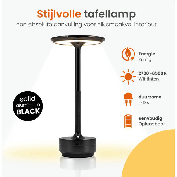 Goliving Tafellamp Op Accu - Luxe tafellamp - Oplaadbaar en Dimbaar - Energiezuinig - Hoogte 27 cm - Zwart