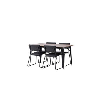 Tempe eethoek tafel okkernoot decor en 4 Kenth stoelen zwart.