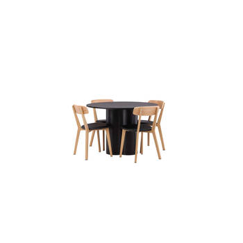 Olivia eethoek tafel zwart en 4 Sanjos stoelen naturel.