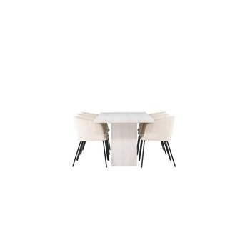 Olga eethoek tafel wit en 6 berit stoelen beige.