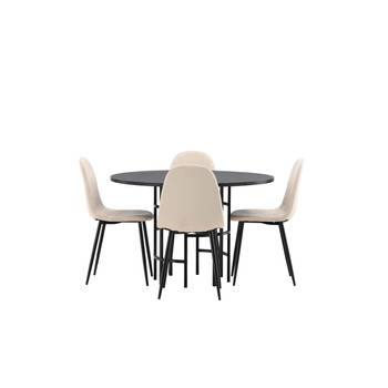 Copenhagen eethoek tafel zwart en 4 Polar stoelen beige.