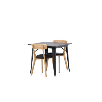 Tempe eethoek tafel zwart en 2 Sanjos stoelen naturel.