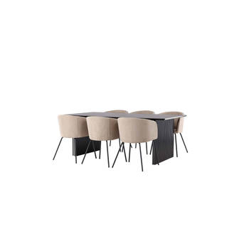 Vail eethoek tafel zwart en 6 berit stoelen beige.