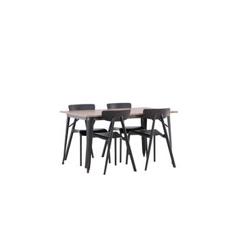 Tempe eethoek tafel okkernoot decor en 4 Ursholmen stoelen zwart.