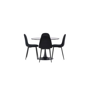 Glade eethoek tafel zwart en 4 Polar stoelen zwart.
