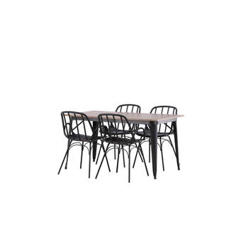 Tempe eethoek tafel okkernoot decor en 4 Dyrön stoelen zwart.