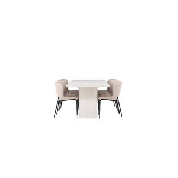 Olga eethoek tafel wit en 6 Modesto stoelen beige.