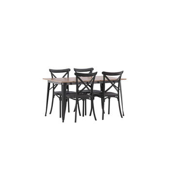 Tempe eethoek tafel okkernoot decor en 4 Crosett stoelen zwart.