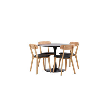 Glade eethoek tafel zwart en 4 Sanjos stoelen naturel.