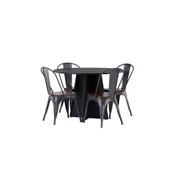 Bootcut eethoek tafel zwart en 4 Tempe stoelen dunkergrijs.