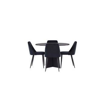 Bootcut eethoek tafel zwart en 4 Night stoelen zwart.