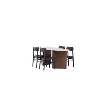 Grönvik eethoek tafel offwhite en 4 Montros stoelen zwart.