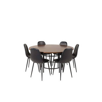 Copenhagen eethoek tafel bruin en 6 Polar stoelen zwart.