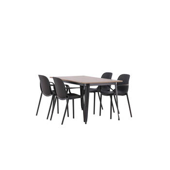 Tempe eethoek tafel okkernoot decor en 4 baltimore stoelen zwart.