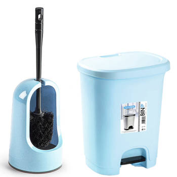 WC-/toiletborstel en houder - lichtblauw - met kleine pedaalemmer 8L - Badkameraccessoireset