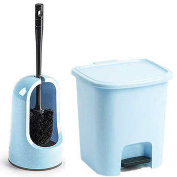 WC-/toiletborstel en houder - lichtblauw - met kleine pedaalemmer 7.5L - Badkameraccessoireset