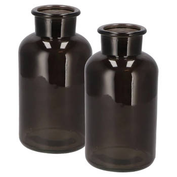 DK Design Bloemenvaas melkbus fles - 2x - helder glas zwart - D10 x H20 cm - Vazen