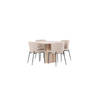 Olivia eethoek tafel whitewash en 4 Modesto stoelen beige.