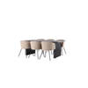 Vail eethoek tafel zwart en 6 berit stoelen beige.