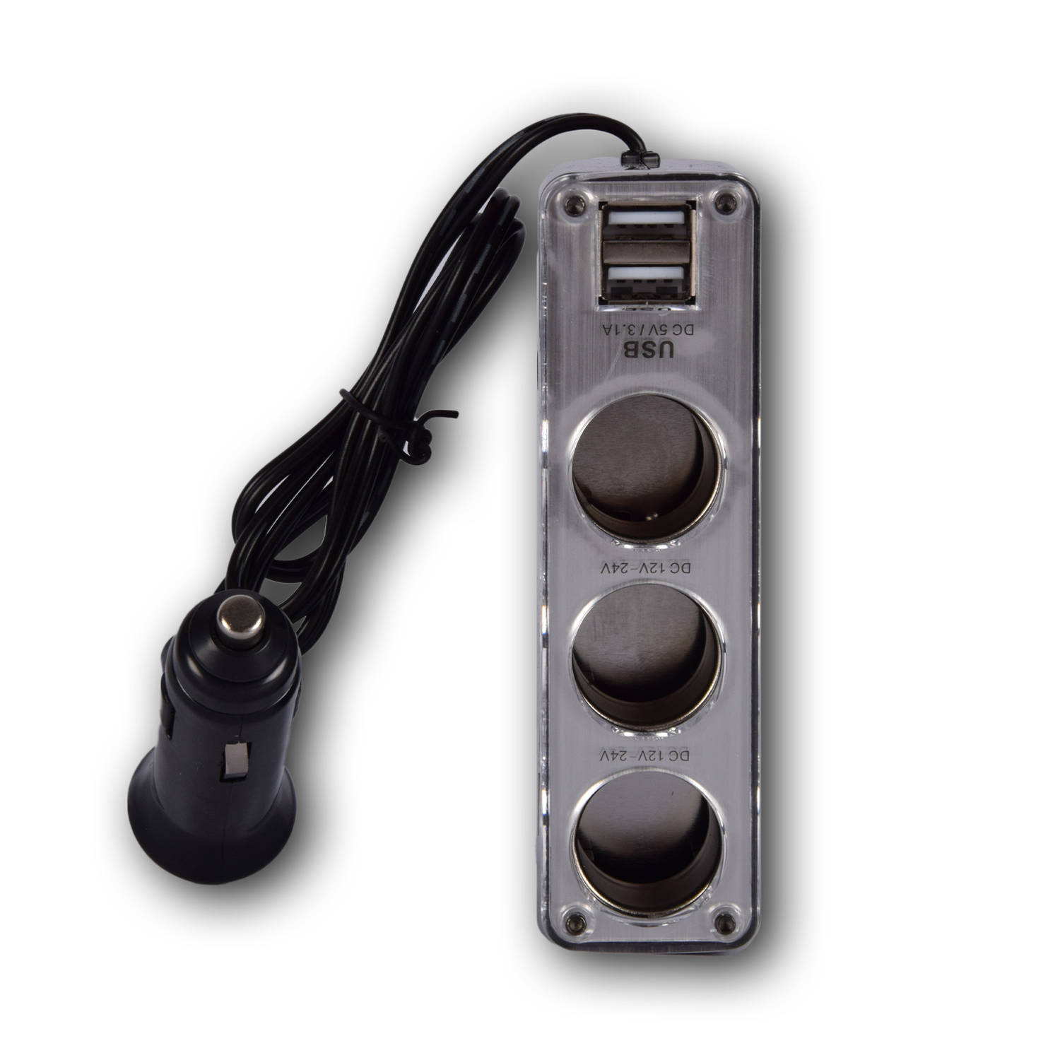 5-in-1 Autolader USB Splitter met 2 Poorten en 3 12V Verdeelpunten - 50cm Kabel, Zwart, 3.1A