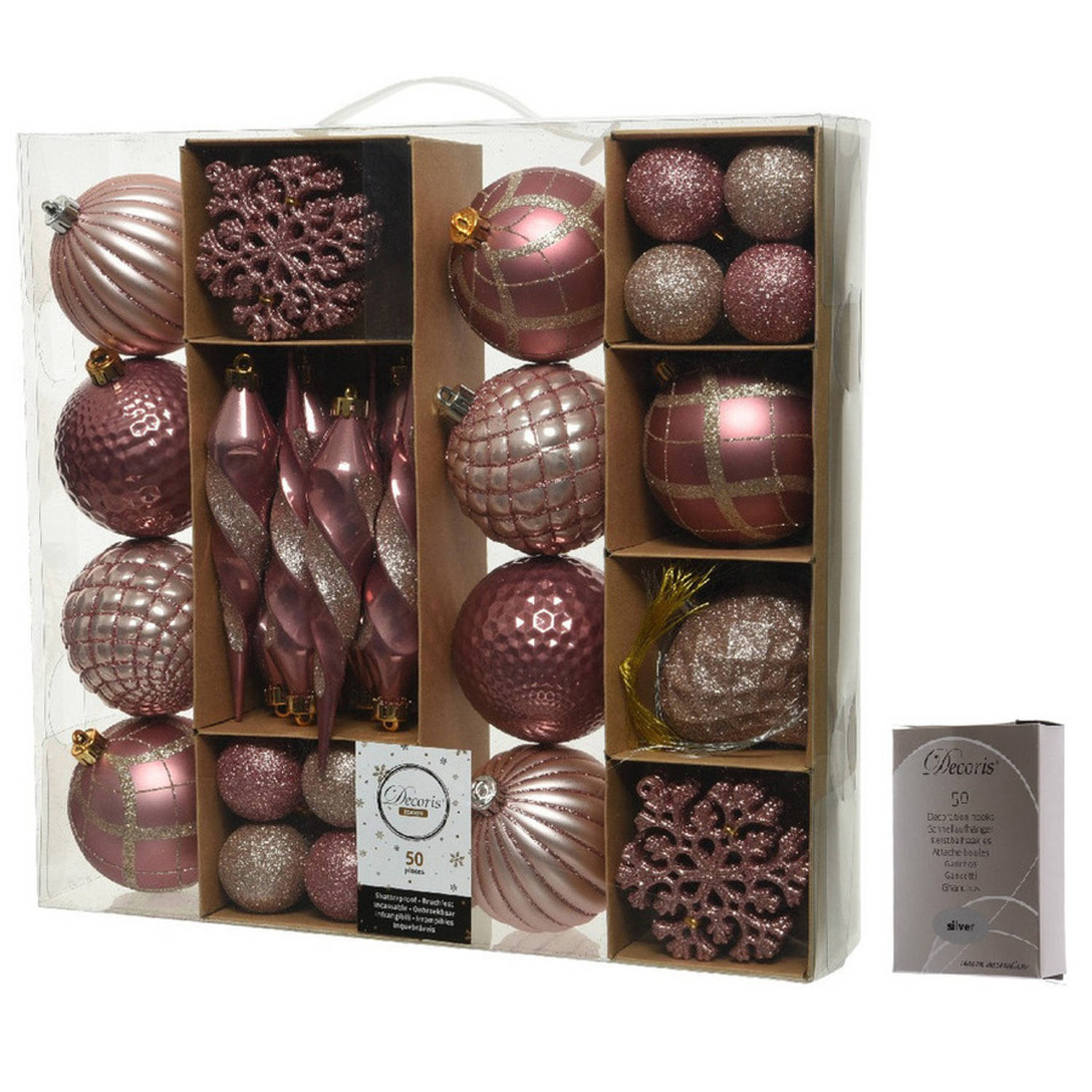 50x Roze kerstballen en figuren 4-8-15 cm kunststof mix incl. ophanghaakjes Kerstbal