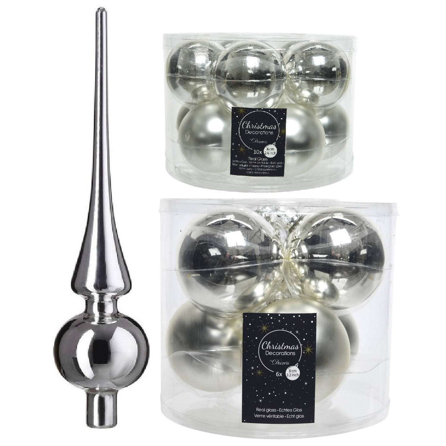Glazen kerstballen pakket zilver glans-mat 32x stuks inclusief piek glans Kerstbal