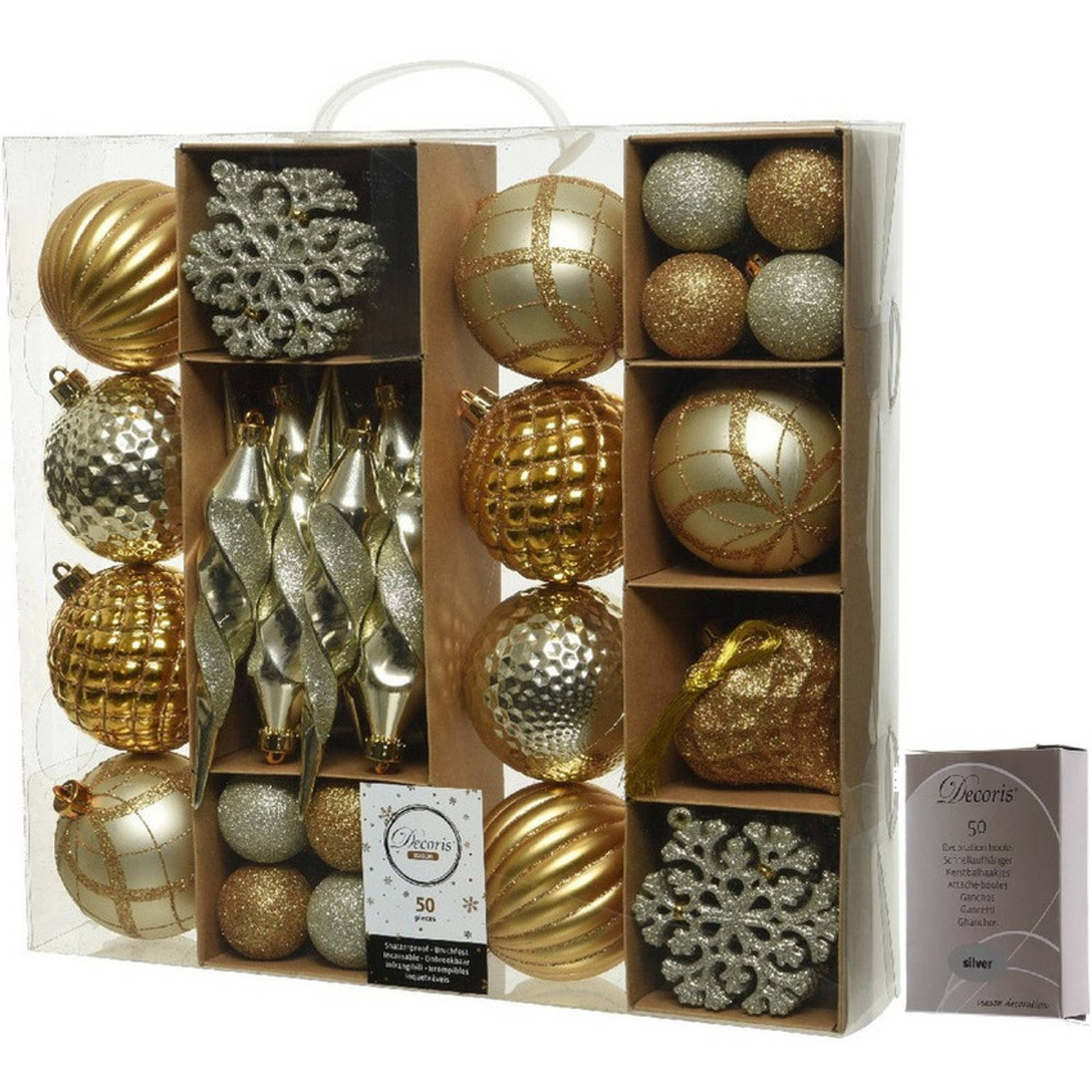 50x Gouden kerstballen en figuren 4-8-15 cm kunststof mix incl. ophanghaakjes Kerstbal