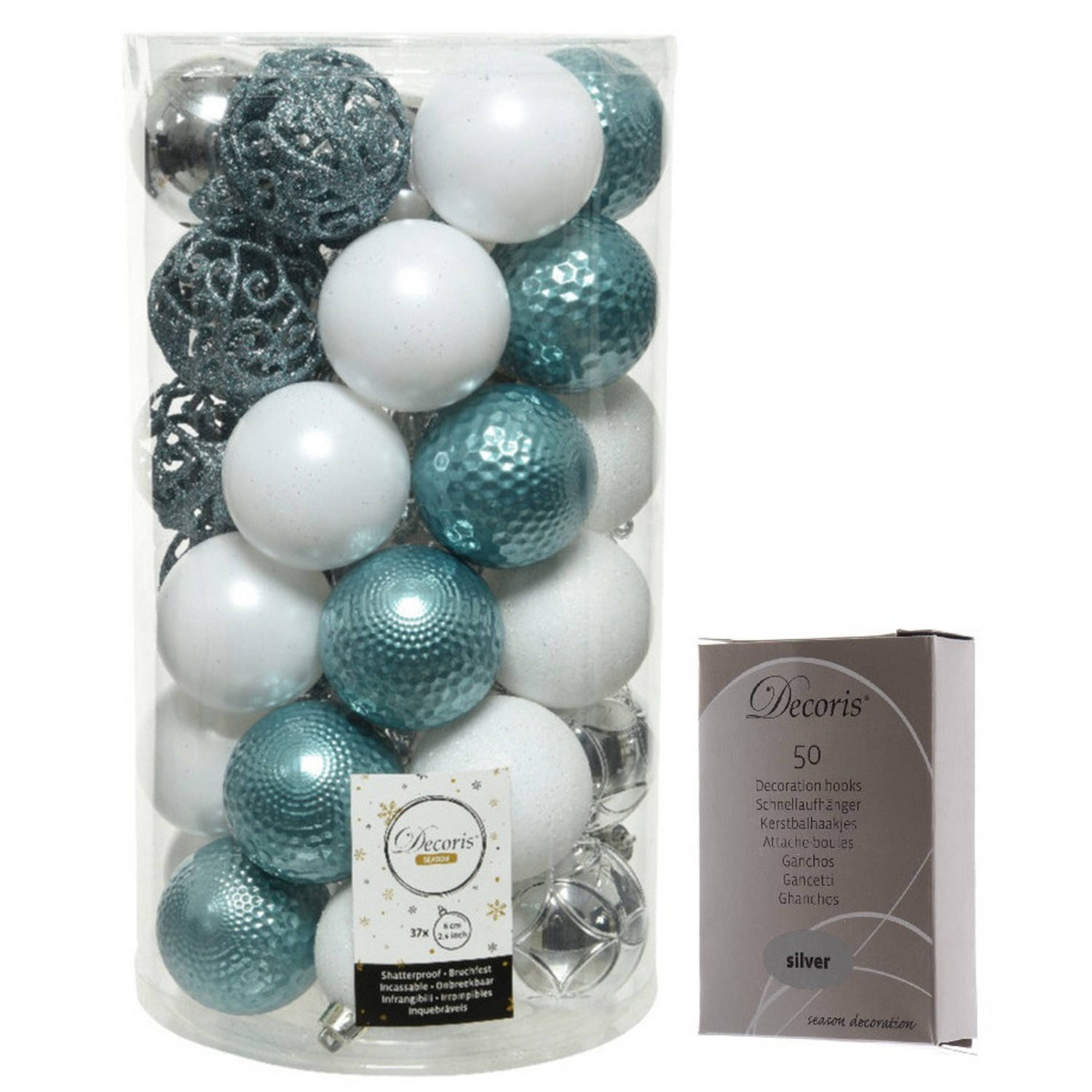 Kerstversiering mix pakket kunststof kerstballen 6 cm zilver-ijsblauw-wit 37x stuks met haakjes Kers