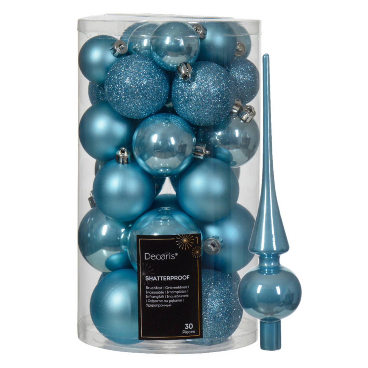 Kerstversiering -30x st kunststof kerstballen en glazen piek -ijsblauw Kerstbal