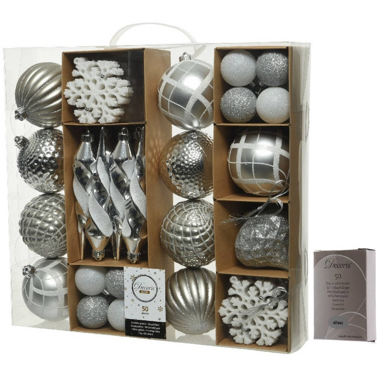 50x Zilveren kerstballen en figuren 4-8-15 cm kunststof mix incl. ophanghaakjes Kerstbal